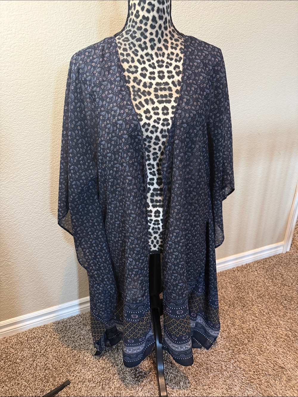Patrons of Peace Navy Blue Floral-Print Open Kimono Cardigan